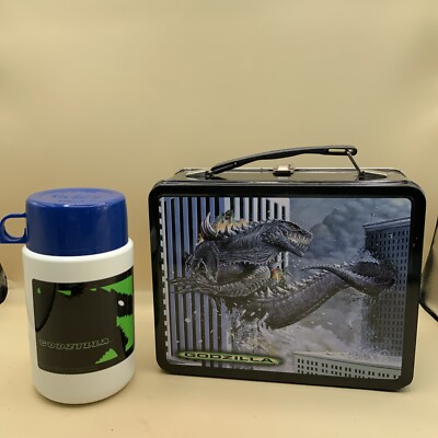 Vintage Godzilla 1998 Movie Metal ToHo Lunch Box w/ Thermos Good Condition-image