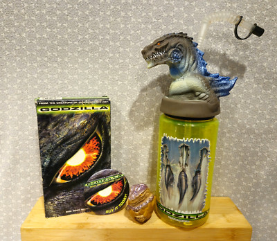 1998 Vintage Godzilla Figure Topper Sport Straw Water Bottle Pin Toy VHS Lot-image