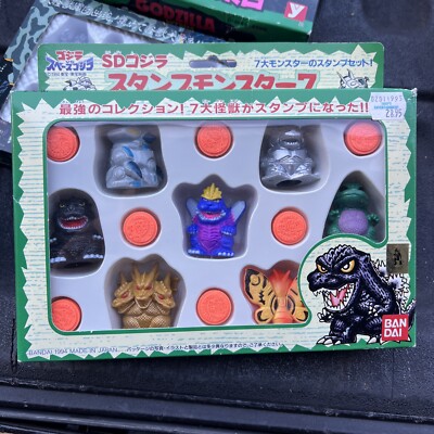 c1994 Bandai Godzilla finger Stamp set 7 Sofubi Mini Figures NOS MIB 2” h-image