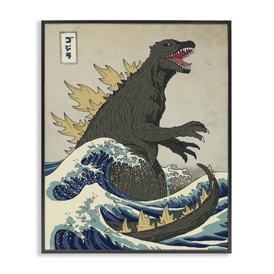 Godzilla in the Waves Eastern Poster Style Illustration Framed Giclee Art Des...-image