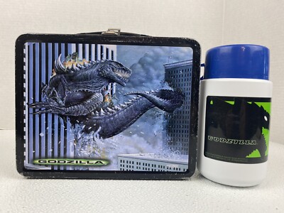 Vintage Godzilla 1998 Movie Metal ToHo Lunch Box w/ Thermos Good Condition-image