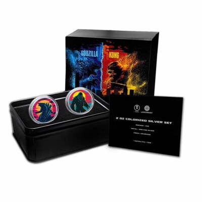 2021 Niue 1 oz Silver Colorized Godzilla vs. Kong 2 Coin Set In Tin Box  AG 777-image