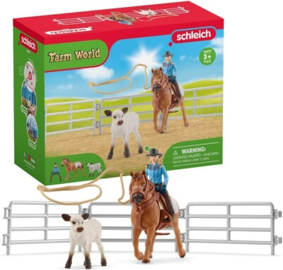 Schleich Farm World Rodeo TEAM ROPING FUN with COWGIRL, 9 pcs, #42577 NEW IN BOX-image