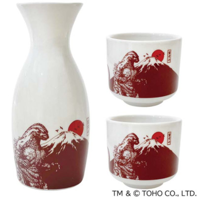 Godzilla Sake Bottle & Sake Cup Set A / Red Fuji and Hinomaru TOHO Godzilla JPN-image