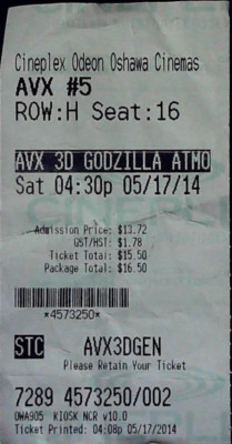 Godzilla Movie Ticket Stub Box Office Opening Weekend Cineplex Kaiju 5/17/2014-image